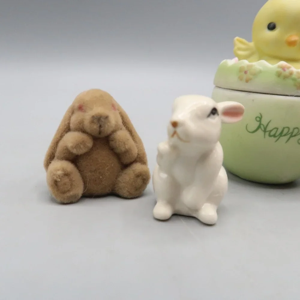 Vintage Bunny Rabbit Lot Trinket Box Duck Happy Easter Flocked Figures